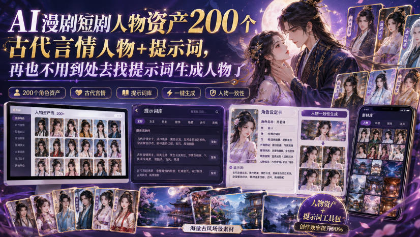 AI漫剧短剧人物资产200个古代言情人物+提示词，再也不用到处去找提示词生成人物了-鑫梵淘