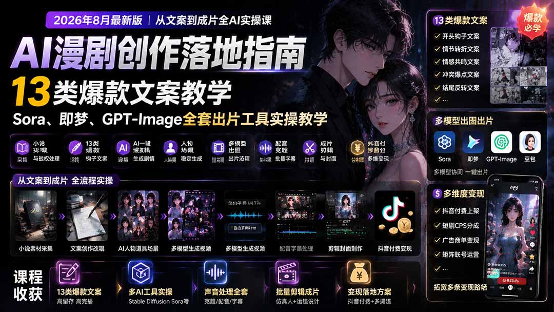 AI漫剧创作落地指南｜13类爆款文案教学，Sora、即梦、GPT-Image全套出片工具实操教学-鑫梵淘