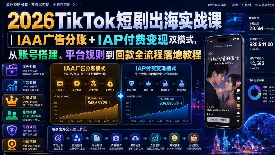 2026TikTok短剧出海实战课｜IAA广告分账+IAP付费变现双模式，从账号搭建、平台规则到回款全流程落地教程-鑫梵淘