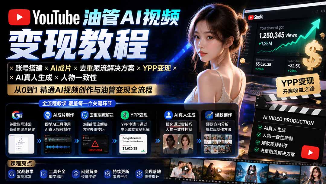 YouTube油管AI视频变现教程：账号搭建×AI成片×去重限流解决方案×YPP变现×AI真人生成×人物一致性-鑫梵淘