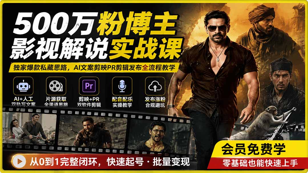 500万粉博主影视解说实战课｜独家爆款私藏思路，AI文案剪映PR剪辑发布全流程教学-鑫梵淘