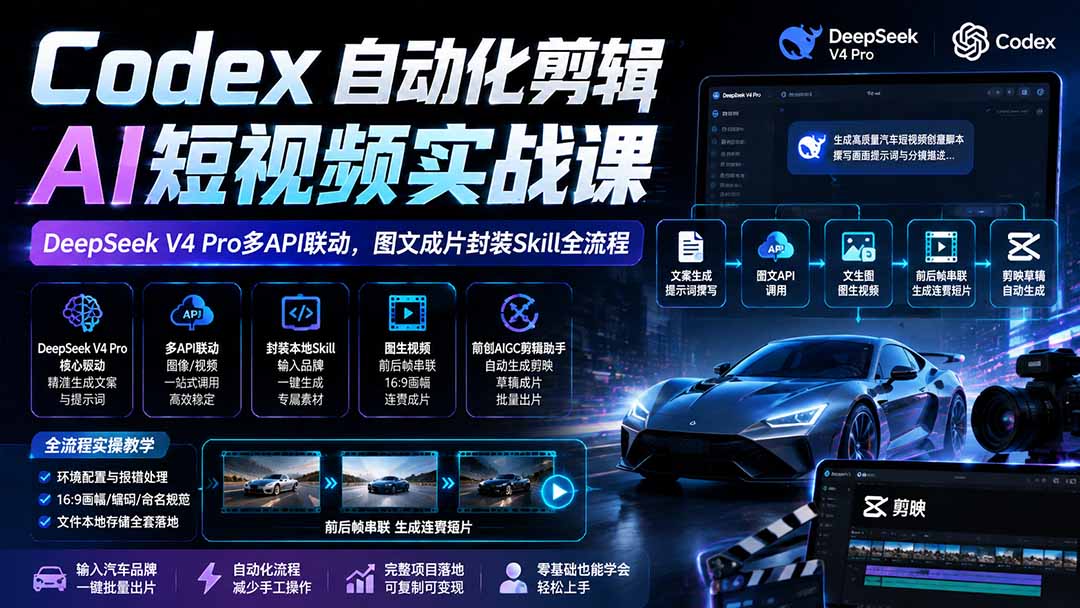 Codex自动化剪辑AI短视频实战课｜DeepSeek V4 Pro多API联动，图文成片封装Skill全流程-鑫梵淘