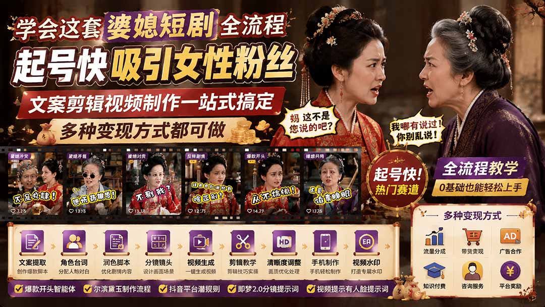 学会这套婆媳短剧全流程：起号快吸引女性粉丝，文案剪辑视频制作一站式搞定，多种变现方式都可做-鑫梵淘