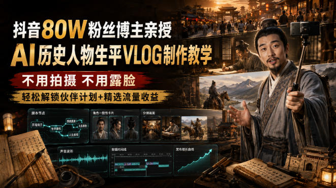 抖音80W粉丝博主的AI历史人物生平VLOG教学，不用拍摄不用露脸，AI帮你搞定，轻松解锁伙伴计划+精选收益-鑫梵淘