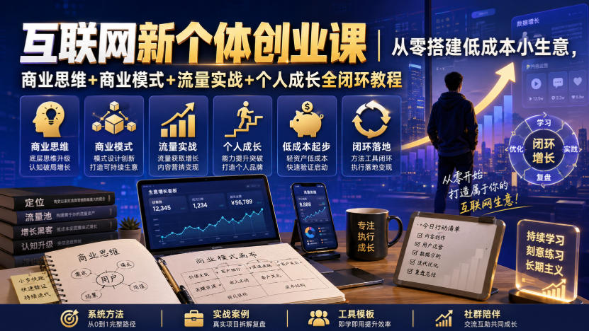 互联网新个体创业课｜从零搭建低成本小生意，商业思维+商业模式+流量实战+个人成长全闭环教程-鑫梵淘