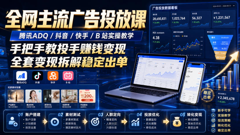 全网主流广告投放课，腾讯ADQ / 抖音 / 快手 / B 站实操教学，手把手教投手赚钱变现，全套变现拆解稳定出单-鑫梵淘