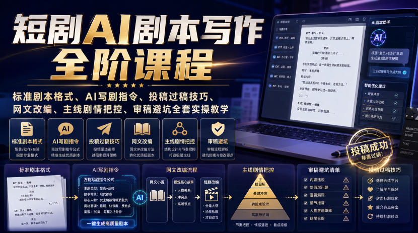 短剧AI剧本写作全阶课程｜标准剧本格式、AI写剧指令、投稿过稿技巧、网文改编、主线剧情把控、审稿避坑全套实操教学-鑫梵淘