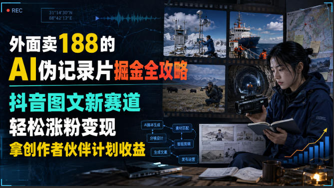 外面卖188的AI伪记录片掘金全攻略，抖音图文新赛道，轻松涨粉变现，拿创作者伙伴计划收益【文档】-鑫梵淘