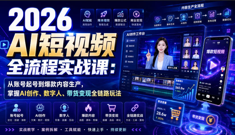 2026 AI短视频全流程实战课：从账号起号到爆款内容生产，掌握AI创作、数字人、带货变现全链路玩法-鑫梵淘