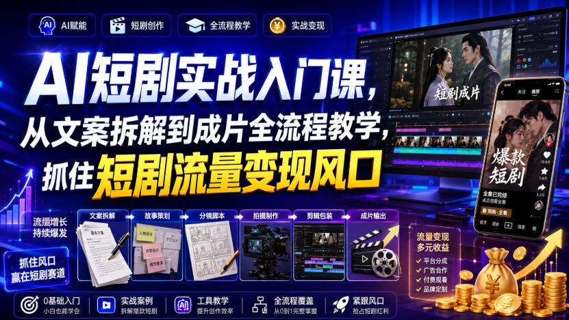 AI短剧实战入门课，从文案拆解到成片全流程教学，抓住短剧流量变现风口-鑫梵淘