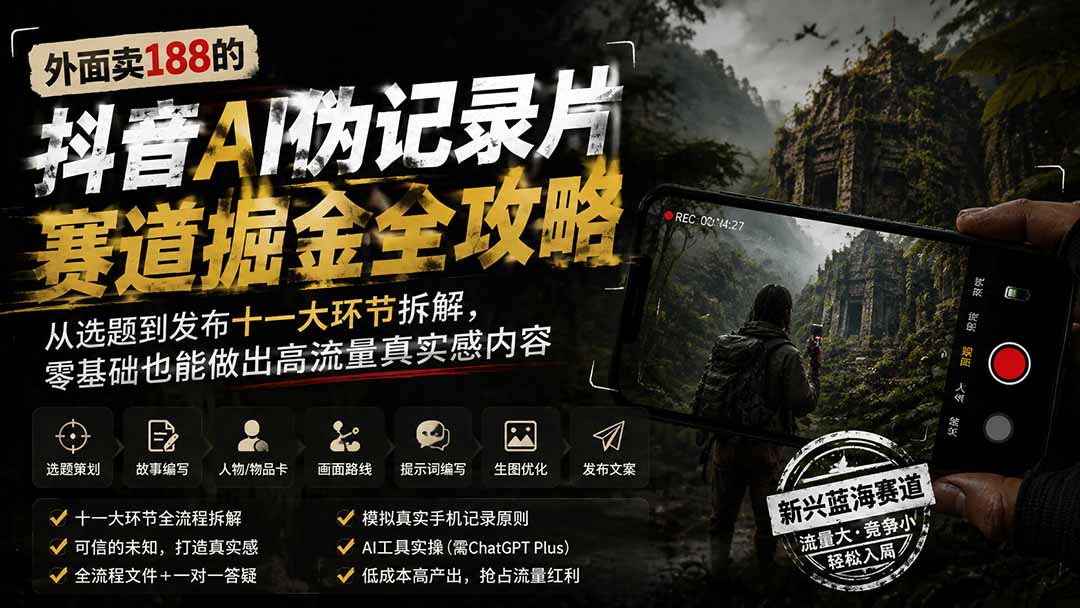 外面卖188的抖音AI伪记录片赛道掘金全攻略；从选题到发布十一大环节拆解，零基础也能做出高流量真实感内容-鑫梵淘