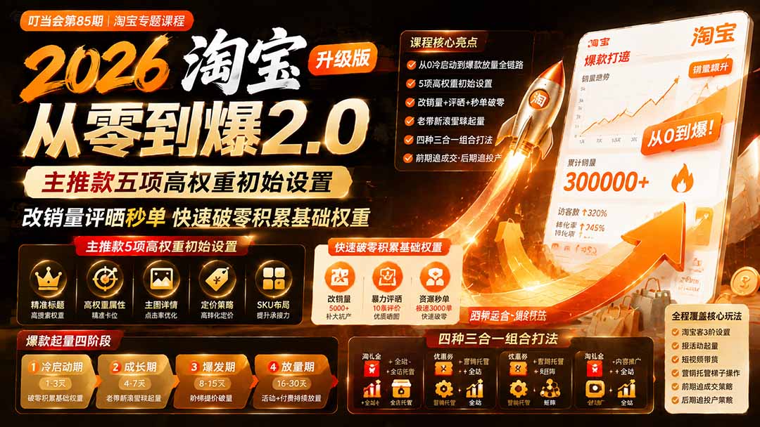 2026淘宝从零到爆2.0第85期；主推款五项高权重初始设置，改销量评晒秒单快速破零积累基础权重-鑫梵淘