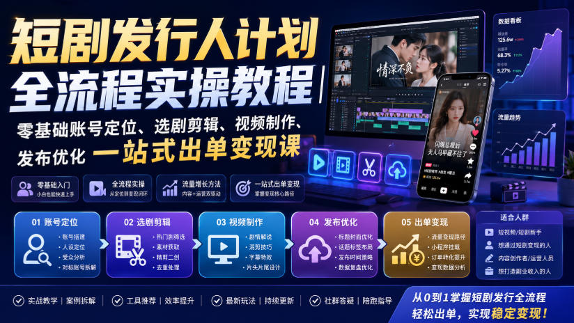 短剧发行人计划全流程实操教程｜零基础账号定位、选剧剪辑、视频制作、发布优化一站式出单变现课​-鑫梵淘