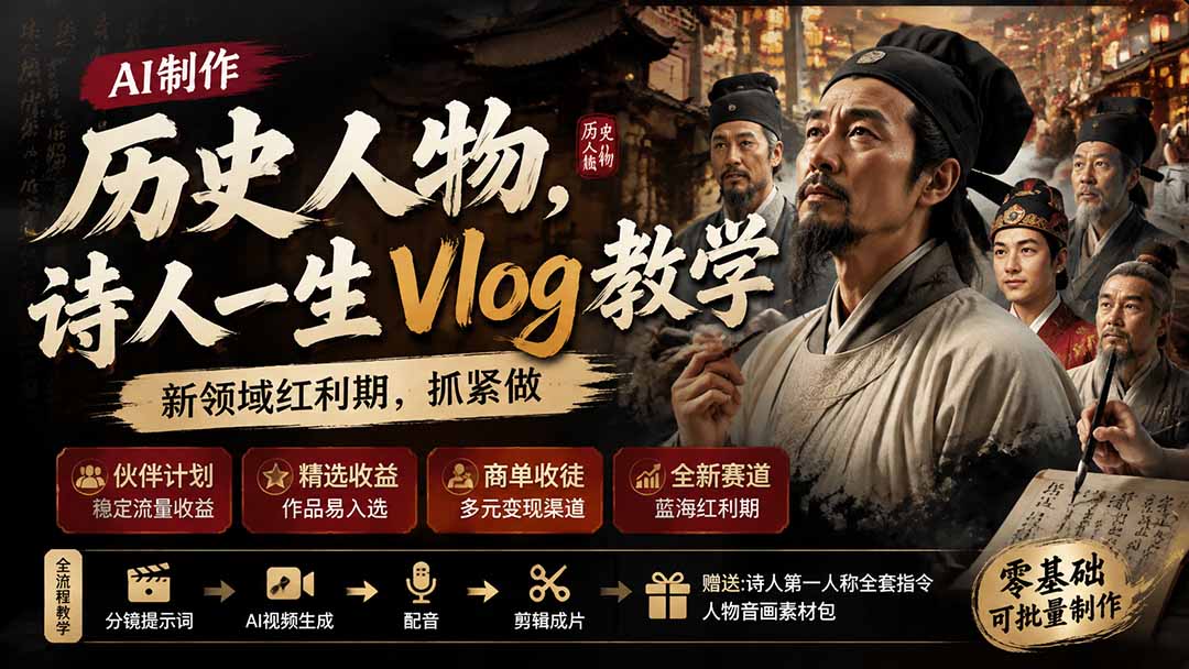 历史人物，诗人一生Vlog教学， AI制作丨伙伴计划丨精选收益丨商单收徒 ，新领域红利期，抓紧做-鑫梵淘