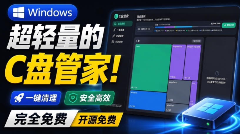Windows超轻量的C盘管家！超级有特点，支持磁盘分析及清理提醒，2M大小体积，完全免费C盘管家-鑫梵淘