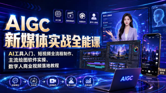 AIGC新媒体实战全能课｜AI工具入门、短视频全流程制作、主流绘图软件实操、数字人商业视频落地教程-鑫梵淘