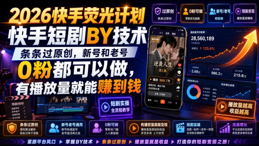 2026快手荧光计划，快手短剧搬运技术，条条过原创，新号和老号0粉都可以做，有播放量就能賺到钱-鑫梵淘