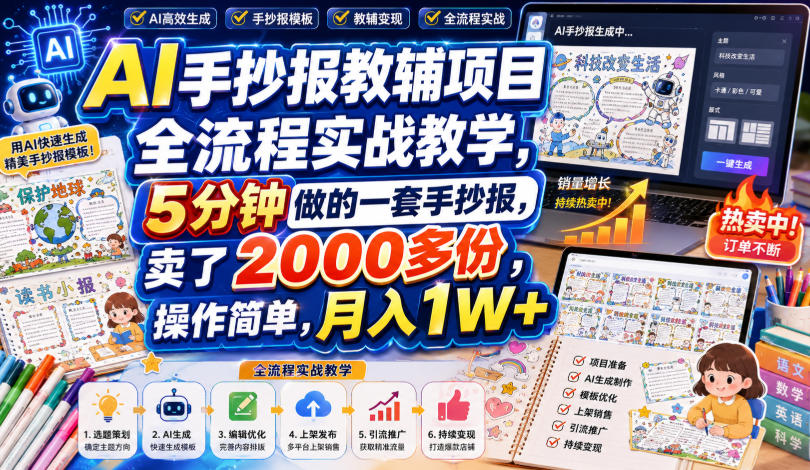 AI手抄报教辅项目全流程实战教学，5分钟做的一套手抄报，卖了2000多份，操作简单，月入1W+-鑫梵淘
