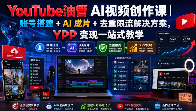 YouTube油管AI视频创作课｜账号搭建+AI成片+去重限流解决方案，YPP变现一站式教学(更新0809)-鑫梵淘