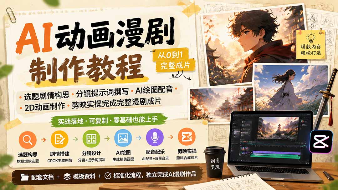 AI动画漫剧制作教程｜选题剧情构思·分镜提示词撰写·AI绘图配音·2D动画制作·剪映实操完成完整漫剧成片-鑫梵淘