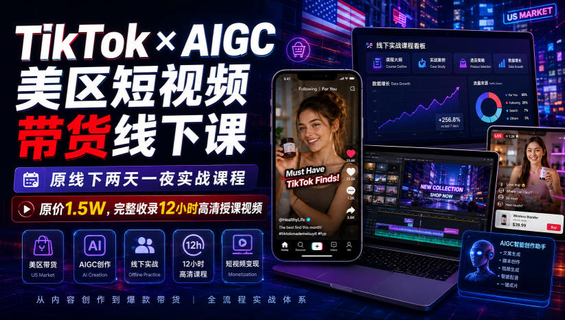 TikTok×AIGC美区短视频带货线下课，原线下两天一夜实战课程，原价1.5W，完整收录12小时高清授课视频-鑫梵淘