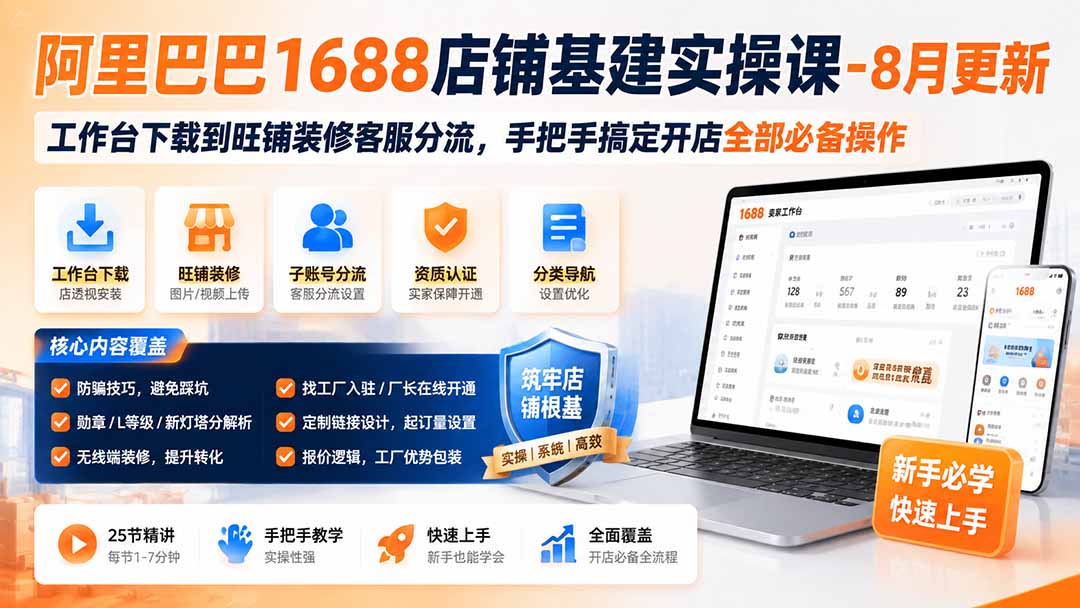 阿里巴巴1688店铺基建实操课-8月更新；工作台下载到旺铺装修客服分流，手把手搞定开店全部必备操作-鑫梵淘