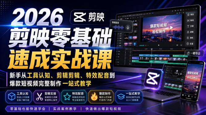 2026剪映零基础速成实战课｜新手从工具认知、剪辑剪辑、特效配音到爆款短视频完整制作一站式教学-鑫梵淘