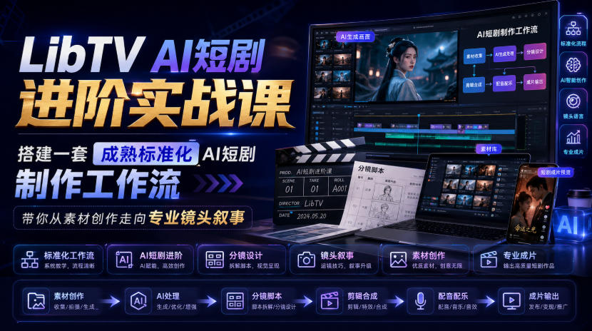 LibTV AI短剧进阶实战课，搭建一套成熟标准化AI短剧制作工作流，带你从素材创作走向专业镜头叙事-鑫梵淘