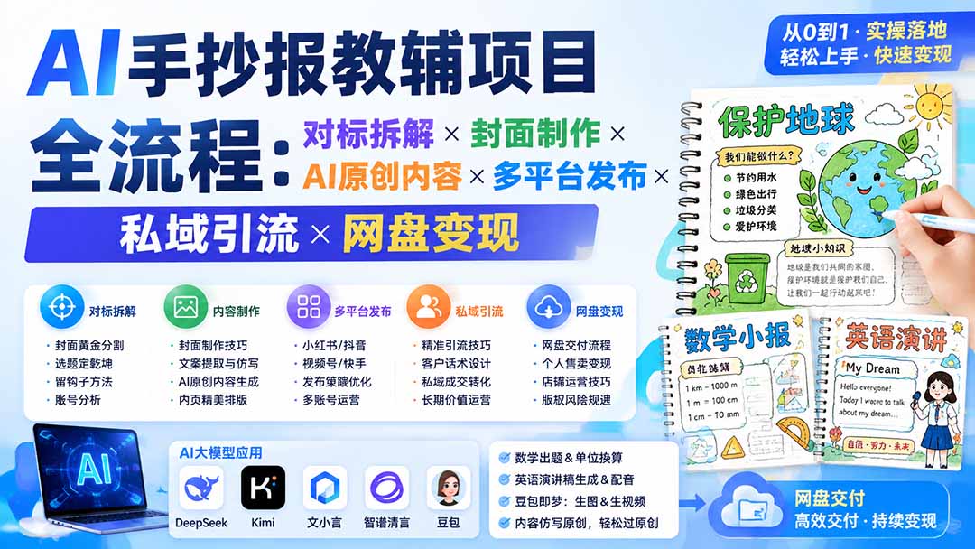 AI手抄报教辅项目全流程：对标拆解×封面制作×AI原创内容×多平台发布×私域引流×网盘变现-鑫梵淘