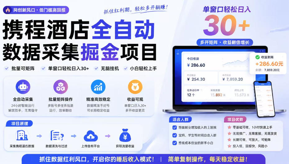 携程酒店采集挂G项目，批量可矩阵，单机轻松日入300+，开启你的睡后收入模式!【揭秘】-鑫梵淘