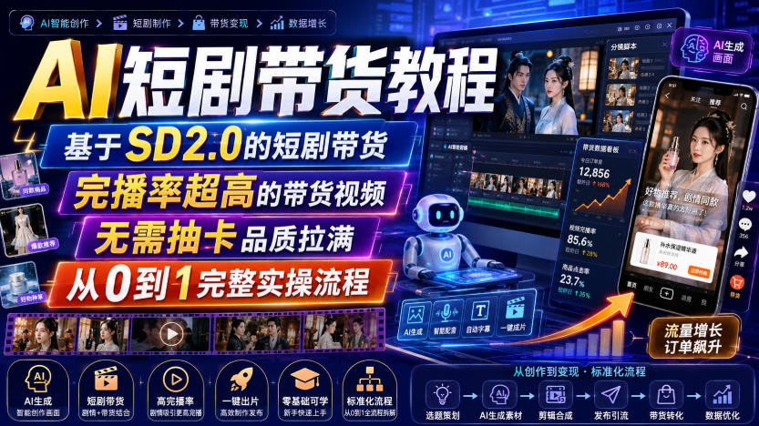 AI短剧带货教程，基于SD2.0的短剧带货，完播率超高的带货视频，无需抽卡品质拉满，从0到1完整实操流程-鑫梵淘