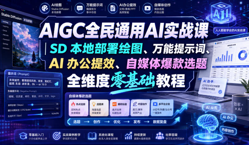AIGC全民通用AI实战课｜SD本地部署绘图、万能提示词、AI办公提效、自媒体爆款选题全维度零基础教程-鑫梵淘