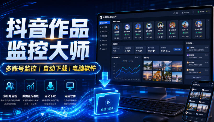 抖音作品监控大师，多账号监控丨自动下载丨电脑软件-鑫梵淘