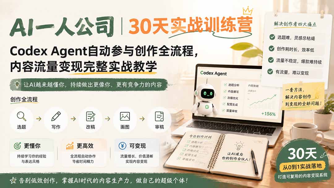AI一人公司｜30天实战训练营；Codex Agent自动参与创作全流程，内容流量变现完整实战教学-鑫梵淘