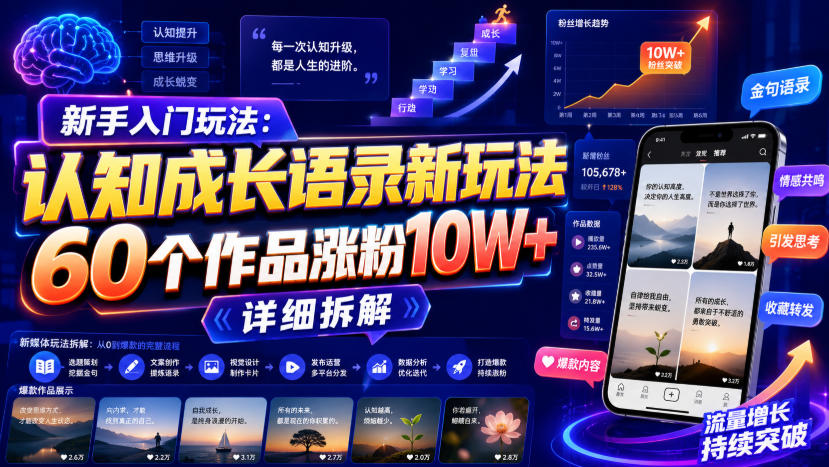 新手入门玩法：认知成长语录新玩法，60个作品涨粉10W+，详细拆解-鑫梵淘