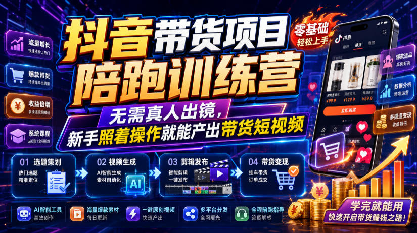 抖音带货项目陪跑训练营，无需真人出镜，新手照着操作就能产出带货短视频(更新0811)-鑫梵淘