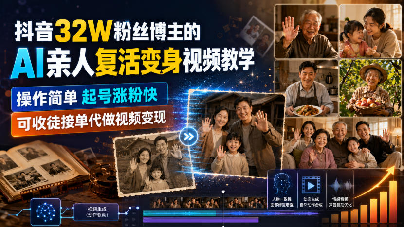 抖音32W粉丝博主的AI亲人复活变身视频教学，操作简单，起号涨粉快，可收徒接单代做视频变现-鑫梵淘
