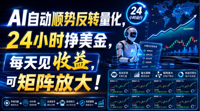 AI自动顺势反转量化，24小时挣美金，每天见收益，可矩阵放大！【揭秘】-鑫梵淘