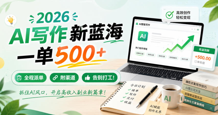 2026 AI写作新蓝海，一单500+，全程派单，附渠道，告别打工！【揭秘】-鑫梵淘