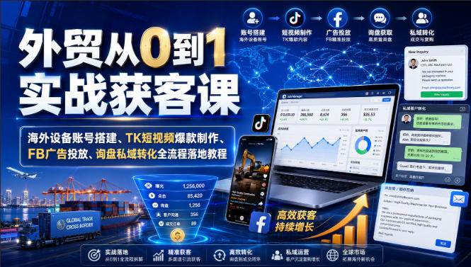 外贸从0到1实战获客课｜海外设备账号搭建、TK短视频爆款制作、FB广告投放、询盘私域转化全流程落地教程-鑫梵淘