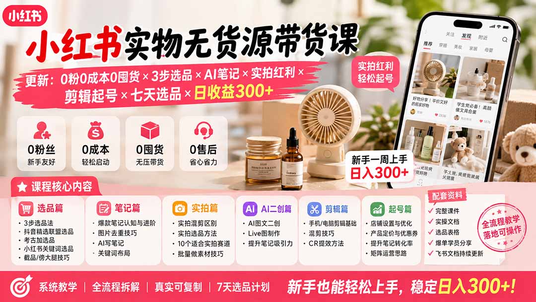 小红书实物无货源带货课-更新：0粉0成本0囤货×3步选品×AI笔记×实拍红利×剪辑起号×七天选品×日收益300+-鑫梵淘