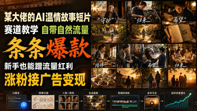 某大佬的AI温情故事短片赛道教学，自带自然流量，条条爆款，新手也能蹭流量红利，涨粉接广告变现-鑫梵淘