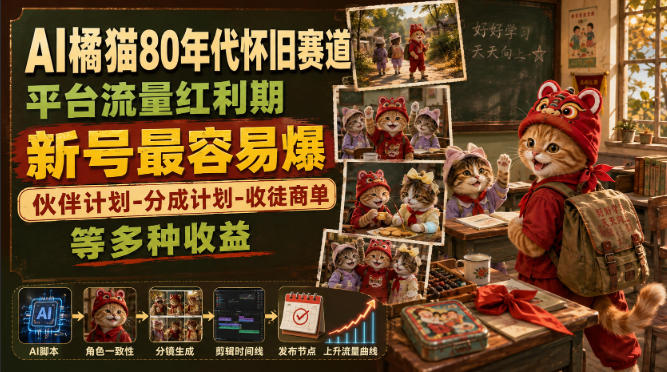 AI橘猫80年代怀旧赛道，平台流量红利期，新号最容易爆，伙伴计划-分成计划-收徒商单等多种收益-鑫梵淘