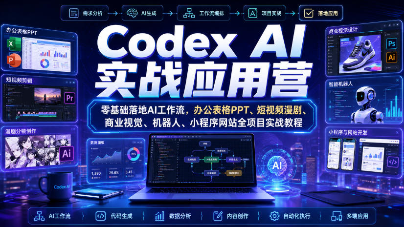 Codex AI实战应用营｜零基础落地AI工作流，办公表格PPT、短视频漫剧、商业视觉、机器人、小程序网站全项目实战教程-鑫梵淘