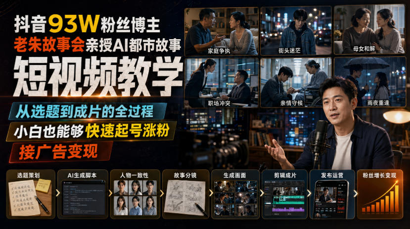 抖音93W粉丝博主老朱故事会亲授AI都市故事短视频教学，从选题到成片的全过程，小白也能够快速起号涨粉接广告变现-鑫梵淘