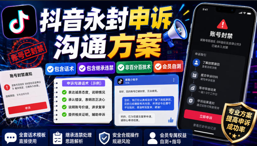 抖音永封申诉沟通方案，包含话术，包含继承违禁，非百分百技术，会员自测-鑫梵淘
