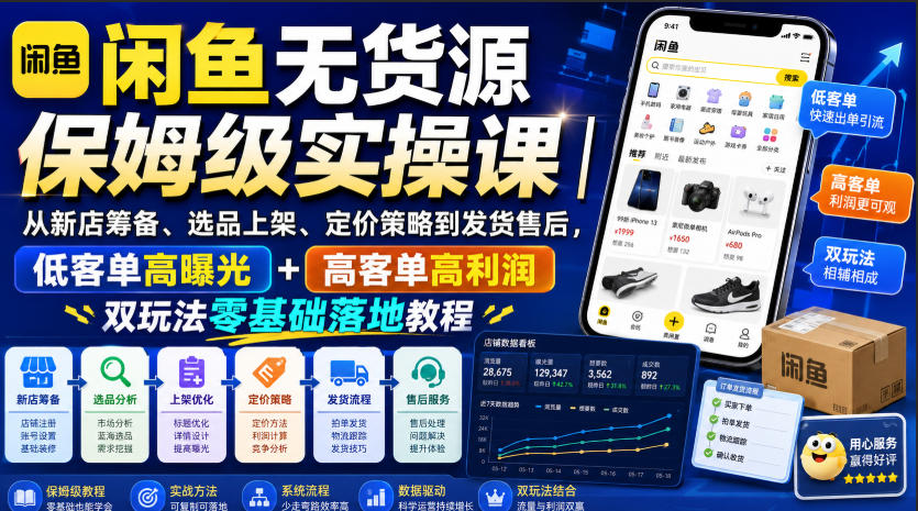 闲鱼无货源保姆级实操课｜从新店筹备、选品上架、定价策略到发货售后，低客单高曝光+高客单高利润双玩法零基础落地教程-鑫梵淘