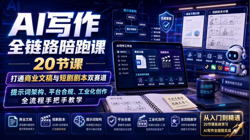 AI写作全链路陪跑课｜20节课打通商业文稿与短剧剧本双赛道，提示词架构、平台合规、工业化创作全流程手把手教学-鑫梵淘