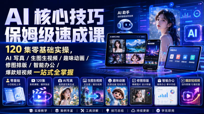 AI核心技巧保姆级速成课｜120集零基础实操，AI写真/生图生视频/趣味动画/修图排版/智能办公/爆款短视频一站式全掌握-鑫梵淘