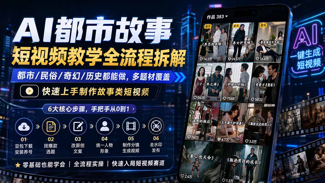 AI都市故事短视频教学全流程拆解；都市/民俗/奇幻/历史都能做多题材覆盖，快速上手制作故事类短视频-鑫梵淘